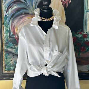 Chaps White Ruffle Collar Tie-Front Button Down Shirt